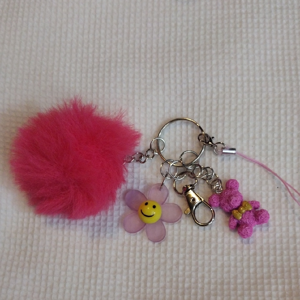 Pink Fluffy Pom Pom Keychain with Flower Charm